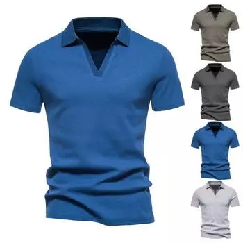 Летняя мужская футболка с отложным воротником и v-образным вырезом в стиле ретро, американский стиль, с коротким рукавом, приталенная пуговица, сплошной цвет L армия зеленый