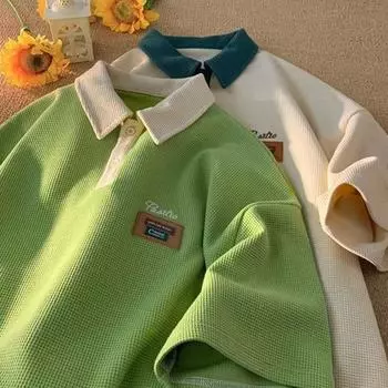 Летняя мужская футболка с отложным воротником, винтажная свободная средняя длина, вафельная текстура, сплошной цвет, половина рукава, уличная одежда в американском стиле, топ на открытом воздухе 3XL красный