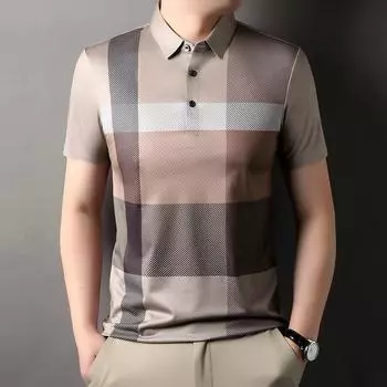 Летняя мужская футболка с отворотом, короткий рукав, футболка-поло с коротким рукавом, новая одежда для мужчин среднего возраста, клетчатый топ M