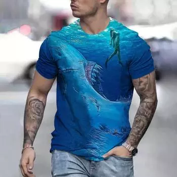 Летняя мужская футболка с принтом глубоководной акулы 3D Футболка свободного покроя Мужская футболка свободного покроя Повседневные свободные футболки в уличном стиле Топы с коротким рукавом S