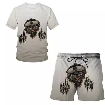 Летняя мужская футболка с принтом медведя с 3D принтом, комплект с шортами, мужская спортивная одежда, спортивный костюм с круглым вырезом, короткий рукав, мужская одежда, костюм M