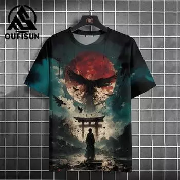 Летняя мужская футболка с принтом японского самурая, повседневная футболка с круглым вырезом и коротким рукавом, 3D-футболки, уличные крутые топы, свободная мужская одежда S
