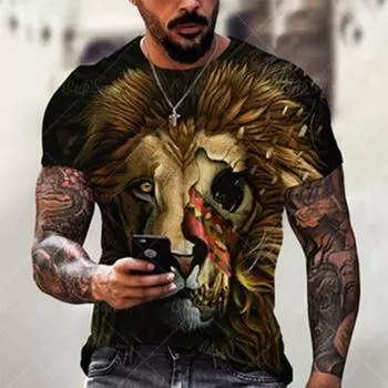 Летняя мужская футболка с рисунком льва и короткими рукавами, узор Харадзюку XS