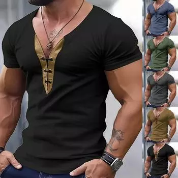 Летняя мужская футболка с v-образным вырезом и короткими рукавами, спортивный повседневный топ L