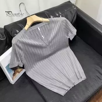 Летняя мужская футболка с вырезом, тонкая, облегающая, эластичная, с V-образным вырезом, однотонная, с короткими рукавами, пуловер для фитнеса, спортивного гимнастического зала, повседневная одежда, нижняя одежда M чёрный