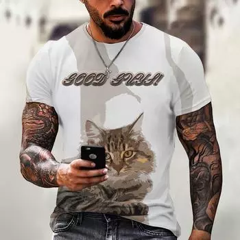 Летняя мужская футболка с животным принтом, футболки с короткими рукавами и котом, уличный повседневный пуловер, мужская одежда свободного кроя, модные футболки с круглым вырезом S