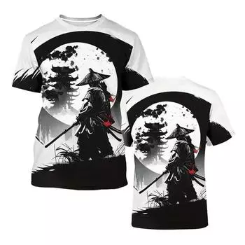 Летняя мужская футболка Samurai Harajuku Printed Round Neck Short Sleeve Street Trend Tops Male Oversize Clothing Футболка для мужчин S