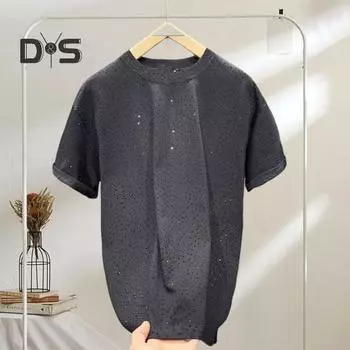 Летняя мужская футболка со стразами, круглый вырез, короткие рукава, свободный однотонный пуловер средней длины, повседневный повседневный топ L чёрный