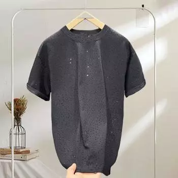 Летняя мужская футболка со стразами, круглый вырез, короткие рукава, свободный однотонный пуловер средней длины, повседневный повседневный топ XXXL чёрный