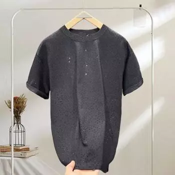 Летняя мужская футболка со стразами, круглый вырез, короткие рукава, свободный однотонный пуловер средней длины, повседневный повседневный топ L чёрный