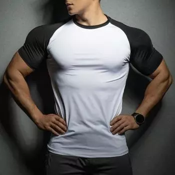 Летняя мужская футболка соответствующего цвета, приталенная, эластичная, быстросохнущая, с короткими рукавами, впитывающая пот, тонкий пуловер с круглым вырезом, тренировка в тренажерном зале, повседневная одежда, спортивный топ M чёрный
