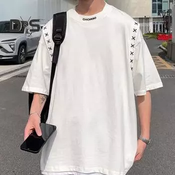 Летняя мужская футболка Свободный круглый вырез с короткими рукавами в японском стиле в стиле пэчворк Сплошной цвет Пуловер средней длины Уличная одежда Повседневный повседневный топ L чёрный