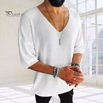 Летняя мужская футболка трикотажная с v-образным вырезом и половиной рукавов, однотонный свободный пуловер, эластичный повседневный спортивный топ средней длины, трикотаж L чёрный