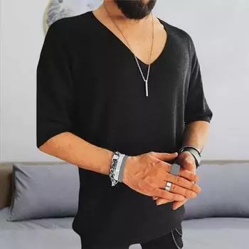 Летняя мужская футболка трикотажная с v-образным вырезом и половиной рукавов, однотонный свободный пуловер, эластичный повседневный спортивный топ средней длины, трикотаж S бежевый