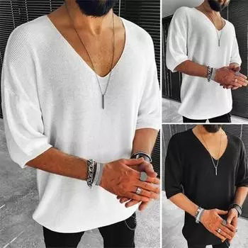 Летняя мужская футболка трикотажная с v-образным вырезом и половиной рукавов, однотонный свободный пуловер, эластичный повседневный спортивный топ средней длины, трикотаж L чёрный