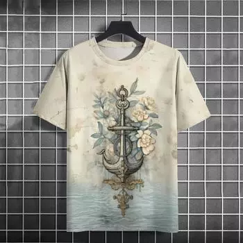 Летняя мужская футболка в стиле ретро с 3d принтом лодки и якоря, футболки с короткими рукавами, топы с морским принтом, свободная футболка большого размера с коротким рукавом для мужчин S