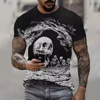 Летняя мужская футболка, винтажная футболка с 3D принтом черепа, уличная повседневная футболка в стиле хип-хоп с круглым вырезом, негабаритный топ с короткими рукавами в стиле Харадзюку 4XL