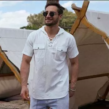 Летняя мужская хлопковая льняная рубашка с коротким рукавом, рабочая одежда с двойным карманом, рубашка с карманом и капюшоном M белый