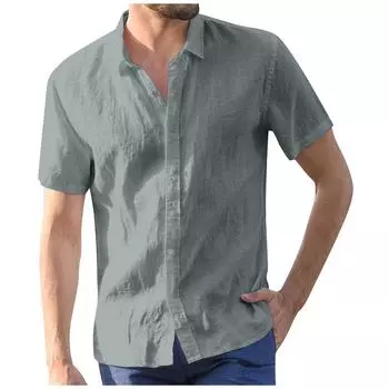 Летняя мужская хлопково-льняная рубашка с отворотом и пуговицами с короткими рукавами, однотонный повседневный топ XL серый