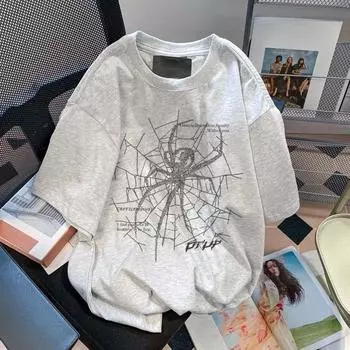 Летняя мужская и женская свободная футболка с принтом «паук», винтажная футболка с графическим рисунком, повседневный топ в стиле хип-хоп с короткими рукавами в стиле Харадзюку S серый