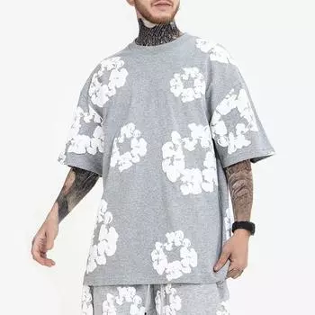 Летняя мужская и женская уличная модная повседневная свободная хлопковая футболка в стиле хип-хоп Y2K с цветочным принтом, топ S чёрный