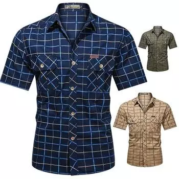 Летняя мужская клетчатая рубашка, дышащая, впитывающая пот, повседневная мужская рубашка с короткими рукавами из мягкого хлопка, свободная посадка с отложным воротником, большие размеры M темно-синий