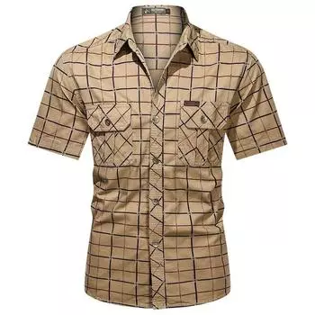 Летняя мужская клетчатая рубашка, дышащая, впитывающая пот, повседневная мужская рубашка с короткими рукавами из мягкого хлопка, свободная посадка с отложным воротником, большие размеры M бежевый