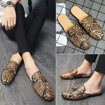 Летняя мужская кожаная повседневная обувь с леопардовым принтом, мужские шлепанцы, дышащие мужские сандалии, полулоферы без шнуровки, Zapatos Hombre 46 золотой