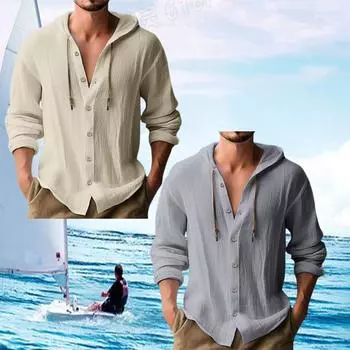 Летняя мужская льняная рубашка, однотонная уличная одежда, толстовка с длинными рукавами, кардиган, одежда для мужчин, топы на пуговицах, повседневная свободная мужская рубашка с капюшоном S белый