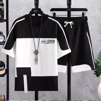 Летняя мужская летняя лоскутная футболка с коротким рукавом и шорты, костюм