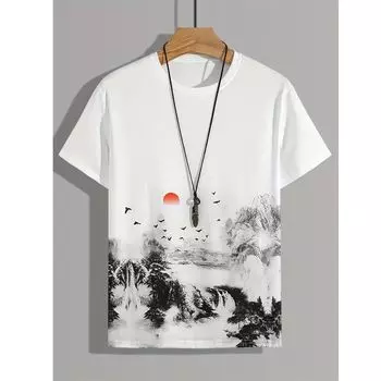 Летняя мужская мода, китайская традиционная роспись в стиле 3d, футболка с принтом, простой узор, футболки с короткими рукавами, повседневные мужские топы S