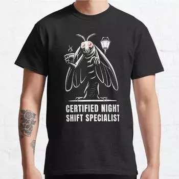 Летняя мужская мода повседневная футболка с коротким рукавом сертифицированный специалист ночной смены Mothman Cryptid черные футболки большого размера S чёрный
