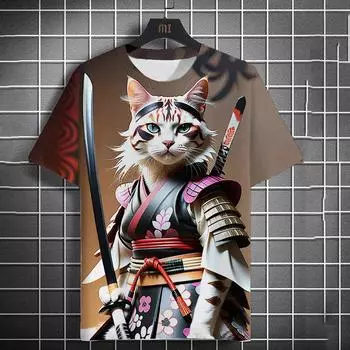 Летняя мужская мода повседневный принт мужской кот воин страж с ножом художественный принт капюшон футболка круглый вырез уличная футболка топ L