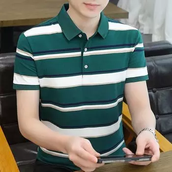 Летняя мужская модная свободная хлопковая футболка с вышитыми буквами и полосками, простая и универсальная, с воротником-поло и коротким рукавом S