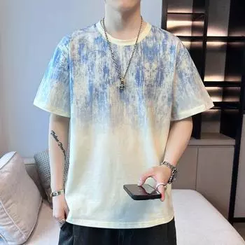 Летняя мужская модная свободная одежда Tide Fashion Повседневная футболка с коротким рукавом Топ с круглым вырезом и цветком Футболка с пятью рукавами и половиной рукава