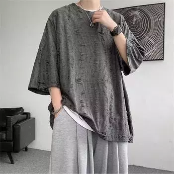 Летняя мужская модная тонкая рваная футболка с короткими рукавами