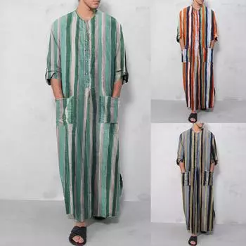 Летняя мужская мусульманская одежда, свободный халат, полосатая рубашка на пуговицах L синий