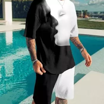 Летняя мужская новая футболка большого размера, свободная одежда, ретро, с коротким рукавом, модный черно-белый топ с 3D узором для лица, уличный топ с 0 вырезом L