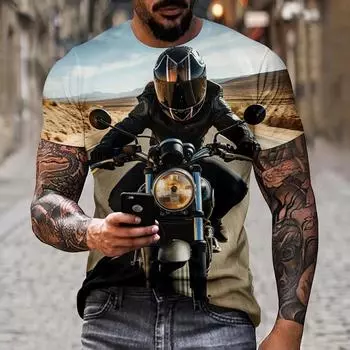 Летняя мужская новая футболка с круглым вырезом и 3D мотоциклетным принтом, креативная и красивая уличная велосипедная гонка XS