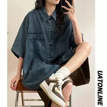 Летняя мужская новая стильная потертая джинсовая рубашка с короткими рукавами в стиле ретро, уличная модная рабочая одежда, рубашка в стиле милитари M синий