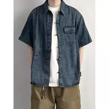 Летняя мужская новая стильная потертая джинсовая рубашка с короткими рукавами в стиле ретро, уличная модная рабочая одежда, рубашка в стиле милитари M синий