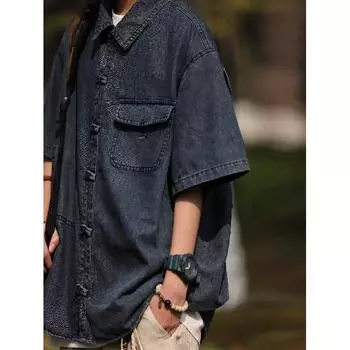 Летняя мужская новая стильная потертая джинсовая рубашка с короткими рукавами в стиле ретро, уличная модная рабочая одежда, рубашка в стиле милитари M синий