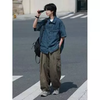 Летняя мужская новая стильная потертая джинсовая рубашка с короткими рукавами в стиле ретро, уличная модная рабочая одежда, рубашка в стиле милитари M синий