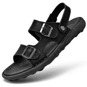 Летняя мужская обувь, мягкие дышащие мужские сандалии, натуральная кожа, уличные сандалии, мужские римские летние пляжные сандалии, большой размер 38-46 38 чёрный