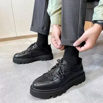 Летняя мужская обувь, повседневная кожаная обувь, мужская корейская версия, трендовая британская обувь для доски, молодежная деловая обувь, маленькие черные туфли 3258-T 38 чёрный