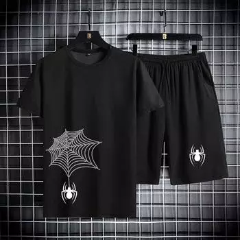 Летняя мужская одежда, комплекты из двух предметов, мужской повседневный спортивный костюм, мужские комплекты с коротким рукавом и принтом, футболка+шорты, спортивная одежда для фитнеса S