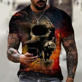 Летняя мужская одежда с изображением черепа из серии ужасов, футболка с круглым вырезом и 3D-печатью, уличная мода, свободный топ большого размера XS
