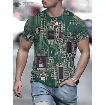 Летняя мужская печатная плата с электронным чипом, креативная графика, 3D-печать, футболка, модная футболка с коротким рукавом и круглым вырезом, свободного покроя S