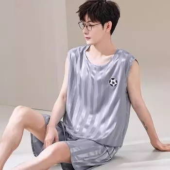 Летняя мужская пижама Ice Silk Пижамный комплект Повседневная пижама без рукавов Пижама Ночная пижама Домашний комплект больших размеров M