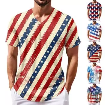 Летняя мужская популярная футболка с v-образным вырезом и короткими рукавами с принтом L синий